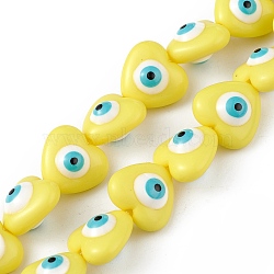 Evil Eye Resin Beads Strands, Heart, Yellow, 12.5x14x9mm, Hole: 1.8mm, about 30pcs/strand, 14.25 inch(36.2cm)(RESI-F040-01C)