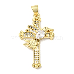 Rack Plating Brass Micro Pave Cubic Zirconia Pendants, Long-Lasting Plated, Lead Free & Cadmium Free, Cross with Bird Charms, Religion, Real 18K Gold Plated, 32x19x4mm, Hole: 5x3mm(KK-F869-13G)