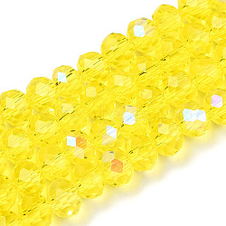 Electroplate Glass Beads Strands, Half Rainbow Plated, Faceted, Rondelle, Champagne Yellow, 10x8mm, Hole: 1mm, about 63~65pcs/strand, 19.2~20 inch(48~50cm)(EGLA-A034-T10mm-L28)