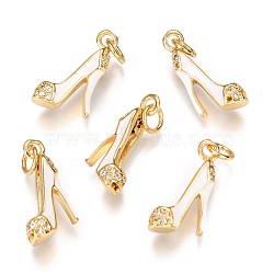Brass Micro Pave Clear Cubic Zirconia Stilettos Pendants, Long-Lasting Plated, with Jump Rings and Enamel, High-heeled Shoes, Real 18K Gold Plated, White, 16.2x5.5x8.8mm, Hole: 3mm, jump ring: 5x0.9mm(ZIRC-B002-35G-A)