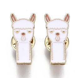 Alloy Brooches, Enamel Pin, with Brass Butterfly Clutches, Llama/Alpaca, Light Gold, White, 25x12x2mm, Pin: 1mm(JEWB-S011-043)