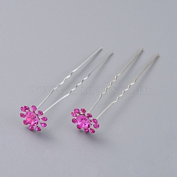 (Defective Closeout Sale), Lady's Hair Accessories, Silver Color Plated Iron Hair Forks, with Rhinestone, Flower, Fuchsia, 70.5mm(PHAR-XCP0004-07A)
