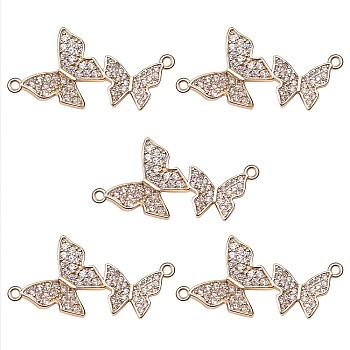 Rack Plating Brass Micro Pave Clear Cubic Zirconia Connector Charms, Nickel Free, Butterfly, Real 18K Gold Plated, 28.5x14.5x2.5mm, Hole: 1mm, 5ps/box