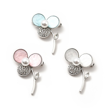 Crystal Rhinestone Clover Lapel Pin with ABS Pearl Beaded, Platinum Alloy Brooch with Acrylic for Backpack Clothes, Cadmium Free & Lead Free, Mixed Color, 38x28x15mm, Pin: 0.7mm