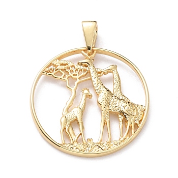 Brass Pendants, Long-Lasting Plated, Flat Round with Giraffe, Real 18K Gold Plated, 28x2mm, Hole: 6x3.4mm