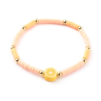 Handmade Polymer Clay Heishi Beaded Stretch Bracelets, with Brass Round Beads, Orange, Golden, Gold, Inner Diameter: 2-1/8 inch(5.5cm)
