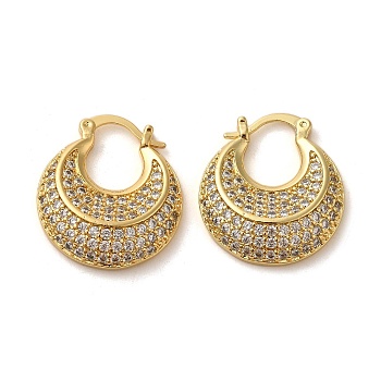 Double Horn Shape Brass Micro Pave Clear Cubic Zirconia Thick Hoop Earrings, Long-Lasting Plated, Cadmium Free & Lead Free, Real 18K Gold Plated, 26.5x23x5mm