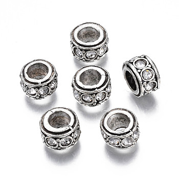 Alloy Rhinestone European Beads, April Birthstone Beads, Large Hole Beads, Cadmium Free & Lead Free, Fit European Bracelet Jewelry Making, Antique Silver, Rondelle, Crystal, 11x6.5mm, Hole: 5mm