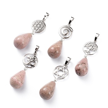 Yoga Chakra Jewelry, Natural Rhodochrosite Pendants, with Platinum Plated Brass Findings, Teardrop & Votex/Om Symbol/Tree of Life/Flower of Life/Star of David, 42~45mm, Hole: 8x5mm