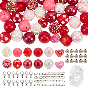 DIY Valentine's Day Jewelry Set Making Kit, Including Acrylic Heart & ABS Plastic Imitation Pearl Beads, Aluminum Wire, Elastic Thread, Alloy Clasps, Iron Ends Chains & Beads, Red