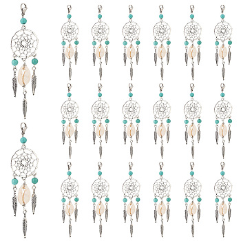Elite 20Pcs Synthetic Turquoise Alloy Woven Net/Web with Feather Pendant Decorations, with Cowrie Shell and 304 Stainless Steel Lobster Claw Clasps, Turquoise, 110mm, Pendant: 87~89x28x7~11mm