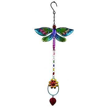 Rainbow Color Pendant Decorations, Glass Suncatcher, with Iron Findings, Dragonfly Pattern, 520x185mm