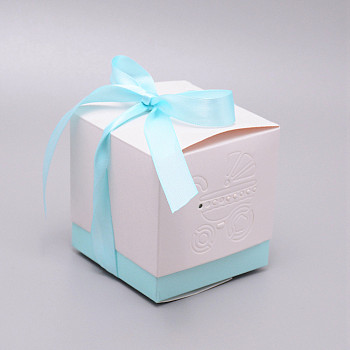 Square Paper Pierced Candy Boxes, with Polyester Ribbon and Baby Carriage Pattern, for Baby Shower Gift Box, Cyan, 8.5x8.5x8.6cm