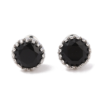 Rack Plating Brass Pave Single Cubic Zirconia Stud Earrings, Long-lasting Plated, Carat Round Shape, Platinum, Black, 9mm