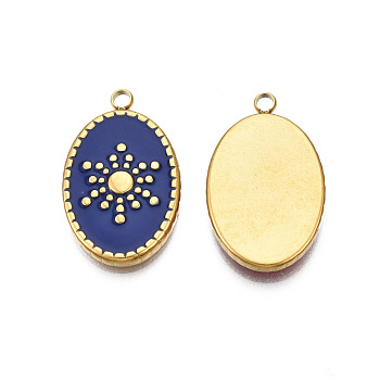304 Stainless Steel Enamel Pendants, Real 18K Gold Plated, Oval with Sun, Prussian Blue, 23x14.5x3mm, Hole: 2mm