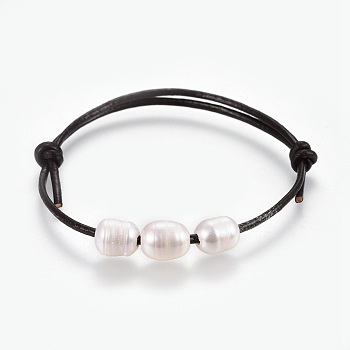 Adjustable Cowhide Leather Cord Bracelets, with Natural Pearl Beads, White, 2 inch~3-1/8 inch(5~8cm)(adjustable)