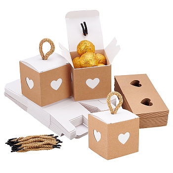 Elite Retro Cardboard Gift Favor Boxes, Paper Candy Drawer Boxes, with Polyester Handles, Square with Heart to Heart, White, 5.6x5.6x5.5cm