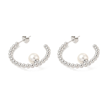 ABS Imitation Pearl Beaded Ring Stud Earrings, Brass Half Hoop Earrings for Women, Platinum, 26.5x27x8mm, Pin: 0.8mm