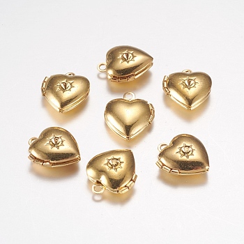 Brass Locket Pendants, Photo Frame Charms for Necklaces, Heart, Golden, 12x10.5x4mm, hole: 1mm