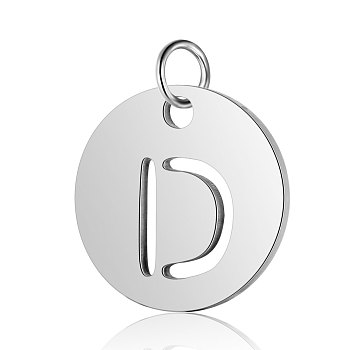 304 Stainless Steel Charms, Flat Round with Letter, Stainless Steel Color, Letter.D, 12x1mm, Hole: 2.5mm