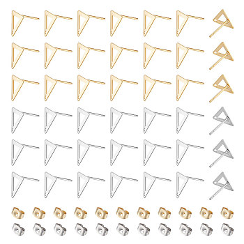 80Pcs 2 Colors 201 Stainless Steel Triangle Stud Earring Findings with Hole & 304 Stainless Steel Pins &and Ear Nuts, Golden & Stainless Steel Color, 10x9mm, Hole: 1mm, Pin: 0.8mm, 40Pcs/color