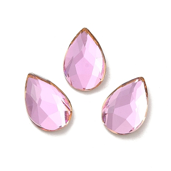 Glass Rhinestone Cabochons, Flat Back & Back Plated, Faceted, Teardrop, Light Rose, 14x9x3.5mm