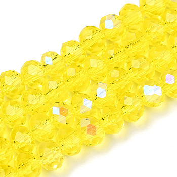 Electroplate Glass Beads Strands, Half Rainbow Plated, Faceted, Rondelle, Champagne Yellow, 10x8mm, Hole: 1mm, about 63~65pcs/strand, 19.2~20 inch(48~50cm)