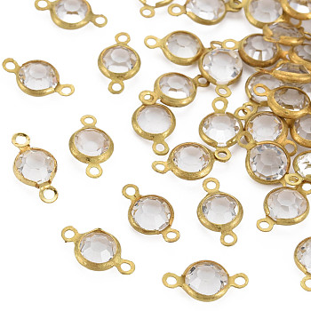 Brass Glass Links/Connectors, Faceted Flat Round, Raw(Unplated), Clear, 13x6~7x3mm, Hole: 2mm