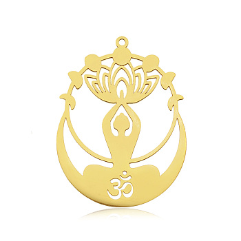 201 Stainless Steel Yoga Theme Pendants, Laser Cut, Vacuum Plating, Lotus with Human, Golden, 43x32x1mm, Hole: 1.6mm