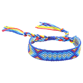 Polyester-cotton Braided Rhombus Pattern Cord Bracelet, Ethnic Tribal Adjustable Brazilian Bracelet for Women, Royal Blue, 5-7/8~11 inch(15~28cm)