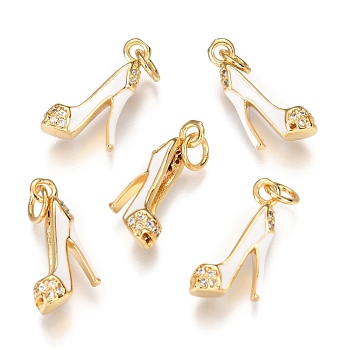 Brass Micro Pave Clear Cubic Zirconia Stilettos Pendants, Long-Lasting Plated, with Jump Rings and Enamel, High-heeled Shoes, Real 18K Gold Plated, White, 16.2x5.5x8.8mm, Hole: 3mm, jump ring: 5x0.9mm