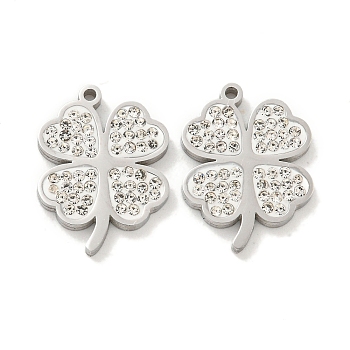 304 Stainless Steel Pendants, with Polymer Clay Crystal Rhinestone, Clover Charms, Stainless Steel Color, 15.5x12x1.8mm, Hole: 1mm
