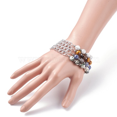 Bracelets de perles rondes en pierres mélangées naturelles sertis de chaîne gourmette pour hommes femmes(BJEW-TA00048)-3