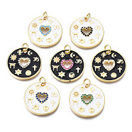 Brass Micro Pave Cubic Zirconia Enamel Pendants, with Jump Rings, Cadmium Free & Nickel Free & Lead Free, Real 16K Gold Plated, Flat Round with Heart, Mixed Color, 20x20x2mm, Jump Ring: 5x1mm, 3mm inner diameter(KK-Q283-023-NR)