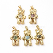 Rack Plating Brass Micro Pave Cubic Zirconia Pendants, Cadmium Free & Lead Free, Real 18K Gold Plated, Long-Lasting Plated, Mechanical Charm, Bear with Heart Charm, Mixed Color, 30x17x7mm, Hole: 3.5x4.5mm(KK-G456-21G)