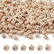 ddPrinted Natural Wood Beads, Cube with Initial Letter, PapayaWhip, Cube, 10x10x10mm, Hole: 3.5mm, 26 letters, 20pcs/letter, 520pcs/bag(WOOD-KS0001-12)