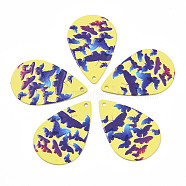 Spray Painted Iron Pendants, Rubberized Style, 3D Printed, Butterfly Print Pattern, Teardrop, Yellow, 27.5x18x0.7mm, Hole: 1.2mm(IFIN-T016-22)