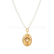 Hollow Oval Stainless Steel Pendant Necklace, with Imitation Pearl Beaded Chains, Golden, 16.93 inch(43cm)(AK0492)