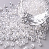 Glass Seed Beads, Trans. Colours Lustered, Round, Clear, 4mm, Hole: 1.5mm, about 4500pcs/pound(SEED-A006-4mm-101)