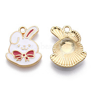 Eco-Friendly Zinc Alloy Pendants, with Enamel, Cadmium Free & Nickel Free & Lead Free, Rabbit with Bowknot, Light Gold, Pale Violet Red, 20x15x2.5mm, Hole: 2mm(FIND-N048-57A-NR)