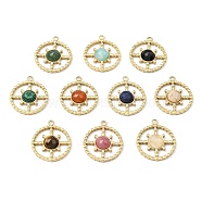 Natural Mixed Gemstone Facete Sun Pendants, Ion Plating(IP) 316 Stainless Steel Flat Round Charms, Real 24K Gold Plated, 21x18.5x4mm, Hole: 1.8mm(STAS-K258-19G)