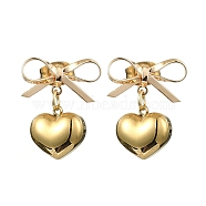 Brass Bowknot with 304 Stainless Steel Heart Dangle Stud Dangle Earrings, Golden, 19x14mm(EJEW-TA00328)