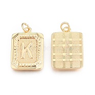 Brass Pendants, with Jump Rings, Cadmium Free & Nickel Free & Lead Free, Rectangle with Letter, Real 18K Gold Plated, Letter.K, 22.5x16x2mm, Jump Ring: 5x1mm, 3mm inner diameter(KK-N232-512K)
