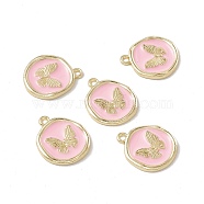 Alloy Enamel Pendants, Light Gold, Flat Round with Butterfly, Pearl Pink, 21x18x2mm, Hole: 1.7mm(ENAM-G206-01KCG-02)