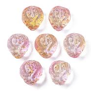 Transparent Spray Painted Glass Beads, with Golden Foil, Half Drilled, Textured, Strawberry Shape, Hot Pink, 13x11x10mm, Hole: 1mm(GLAA-R215-01-B03)