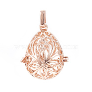 Rack Plating Brass Cage Pendants, For Chime Ball Pendant Necklaces Making, Hollow Teardrop with Flower, Rose Gold, 34x27x22mm, Hole: 3mm, inner measure: 24x18mm(KK-S751-002RG)