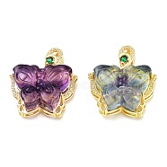 Carved Natural Fluorite Pendants, with Brass Settings, Butterfly, Golden, 28x30x10.5mm, Hole: 4x3.5mm(G-J387-86)