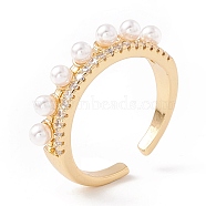Clear Cubic Zirconia Open Cuff Ring with Acrylic Pearl, Brass Jewelry for Women, Lead Free & Cadmium Free, Real 18K Gold Plated, US Size 7 1/4(17.5mm)(KK-E005-05G)