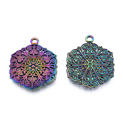 Ion Plating(IP) 201 Stainless Steel Pendants, Hexagon with Flower, Rainbow Color, 28.5x23x2.5mm, Hole: 2mm(STAS-N098-206M)