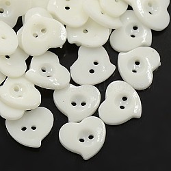 Acrylic Heart Buttons, Plastic Sewing Buttons for Costume Design, 2-Hole, Dyed, White, 15x14x2mm, Hole: 1mm(BUTT-E086-C-01)